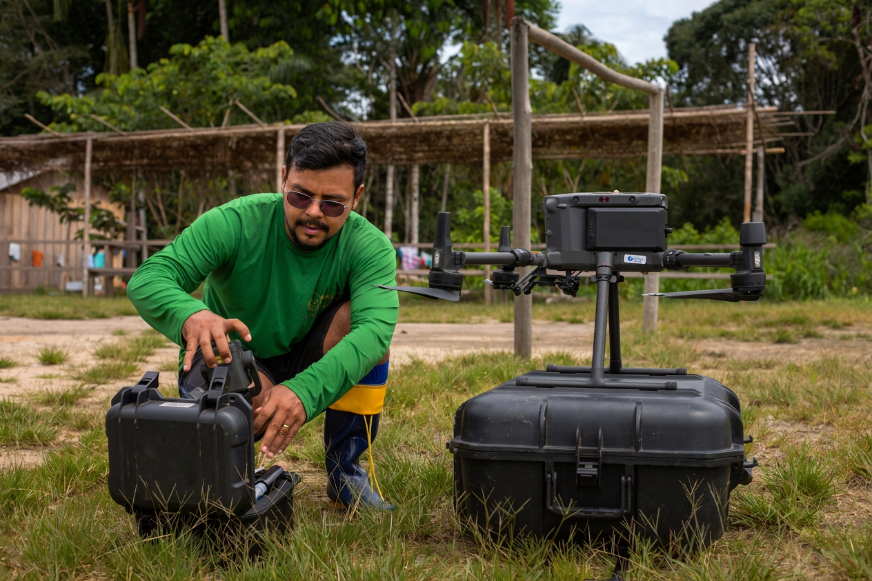 Profissional monitorando restauração ecológica com tablet em campo